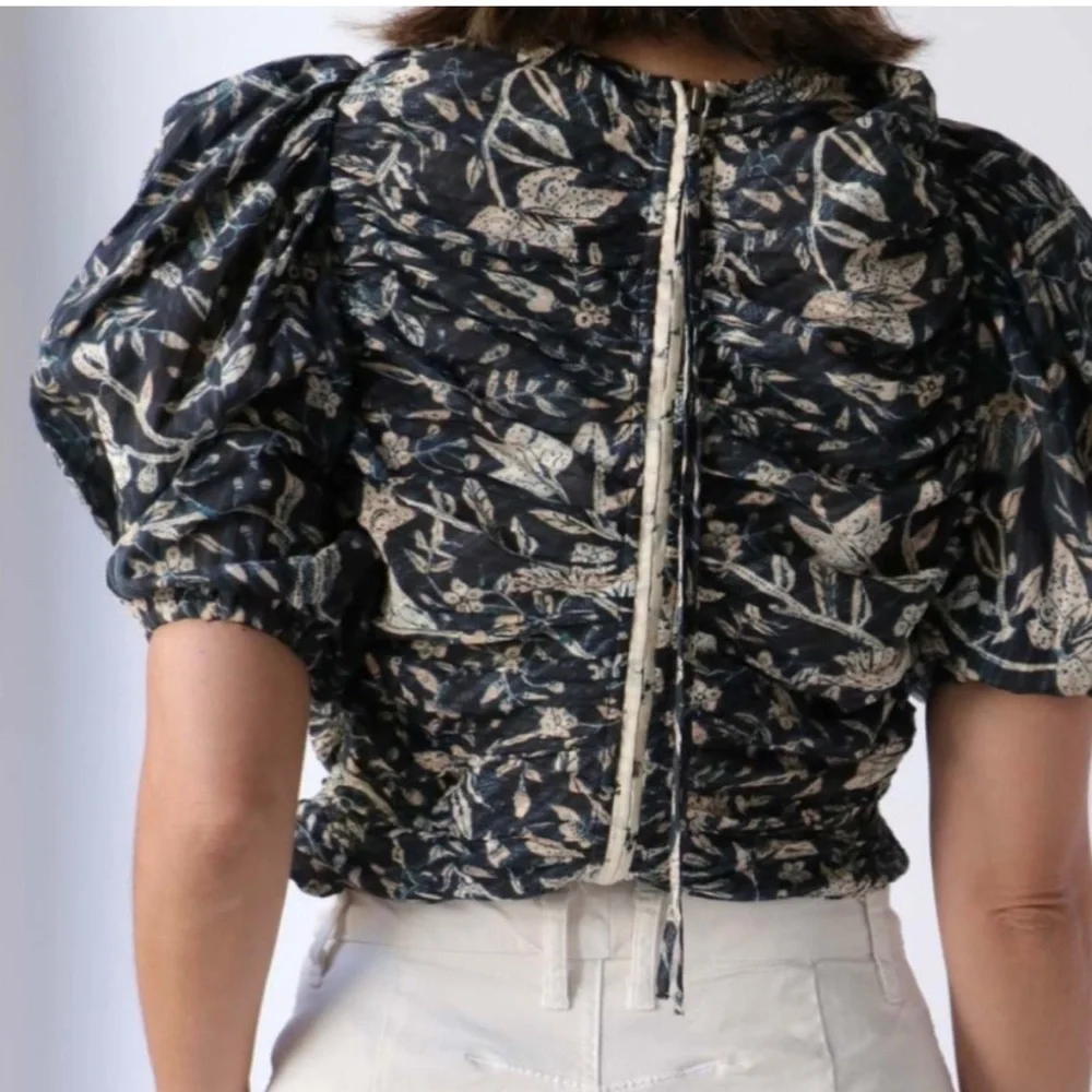 Ulla Johnson Naya Puff sleeve top back zip blouse 6 rain forest